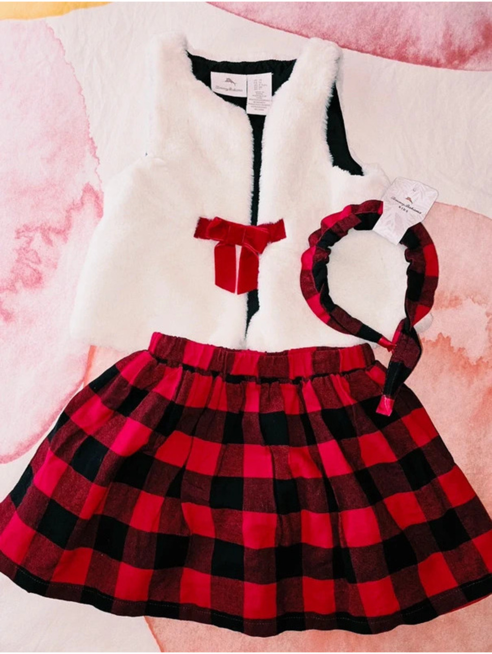 Tommy Bahama Kids 5T Faux Fur Vest, Plaid Skirt, and Headband Set